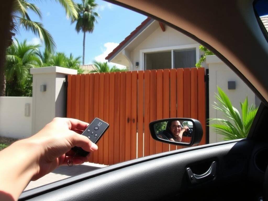 Driver opening automatic wooden gate with remote from inside the car