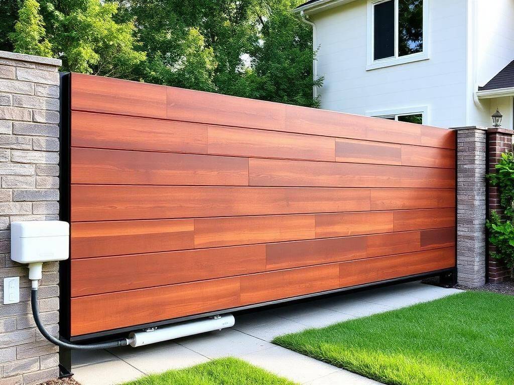 Automatic sliding wooden driveway gate with motor installed
