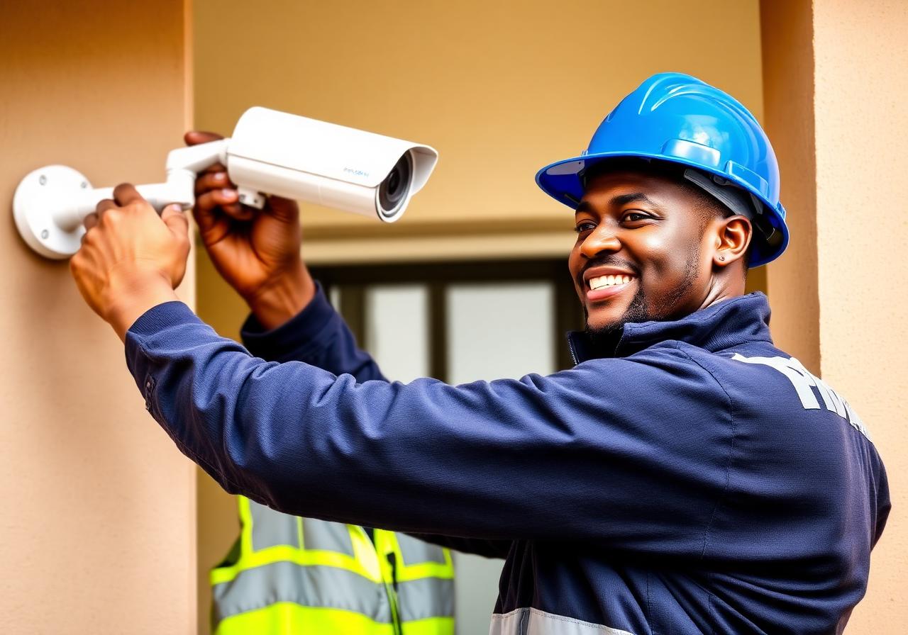 PDV Ghana technician installing a CCTV camera in Accra