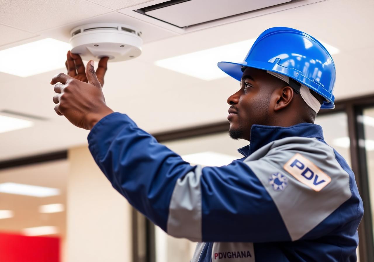 PDV Ghana technician installing a ceiling smoke detector in an office