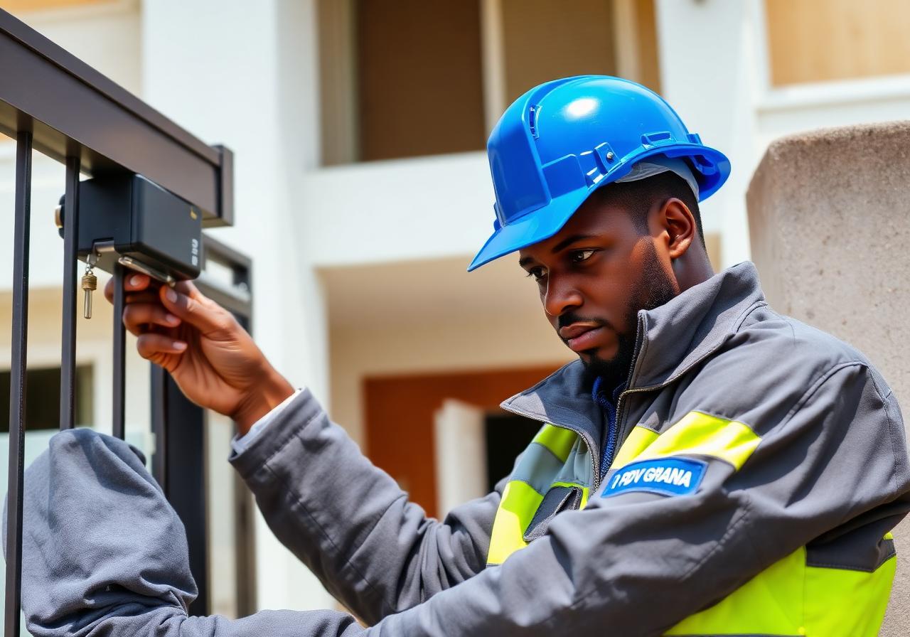 PDV Ghana technician installing an automatic sliding gate motor in Accra