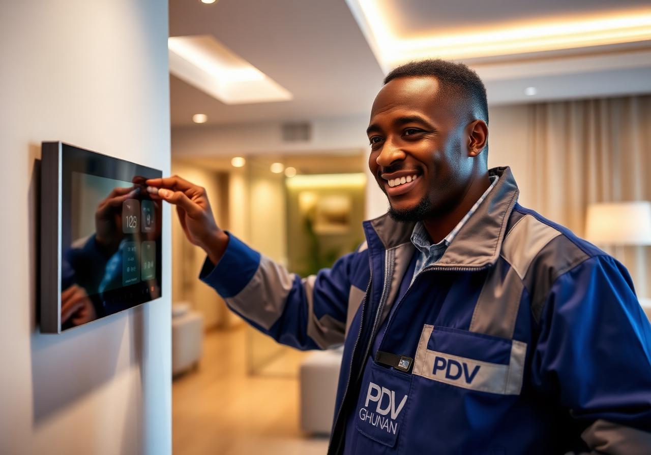 PDV Ghana technician configuring a smart home control panel